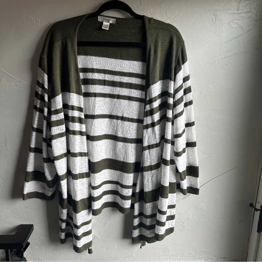 CJ Banks 3/4 Sleeve Olive Green and White Open Front Cardigan Size 3X